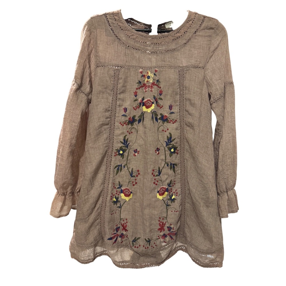 Giddy Up Women Brown Floral Embroidered Boho Tunic Top Lace Trim Ruffle Sleeve